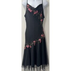 Xscape Vintage Y2K Silk Cowl Neck Beaded Prom Dress Floral Mesh 16